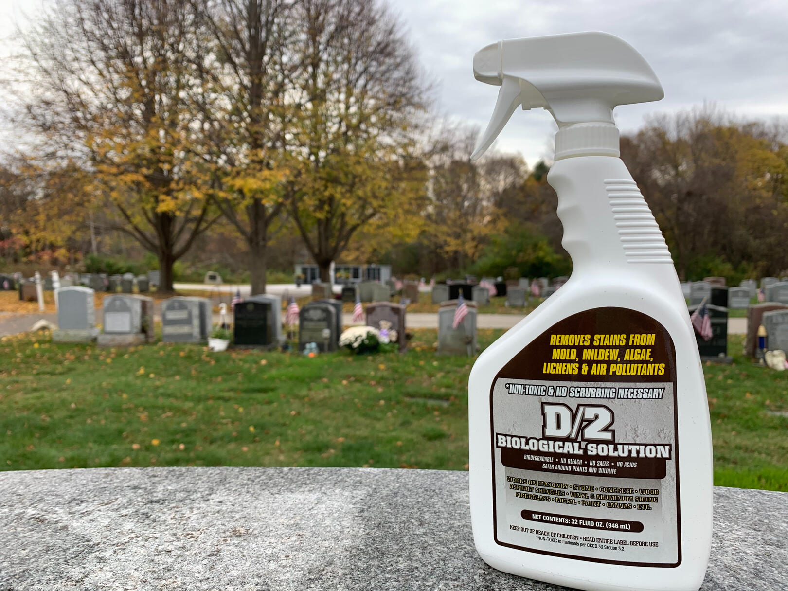 D/2 Biological Solution — the professional stone-safe cleaning formula used on national monuments, photographed at a South Shore cemetery